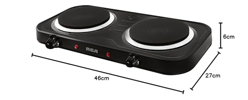 RCA Parrilla Eléctrica RC2000N con Dos Quemadores de 1000W, Acero Inoxidable, Portátil, Alta Resistencia, Calor Uniforme, 5 Niveles de Calor, Antiderrapante y Funcional para Cocina Compacta.