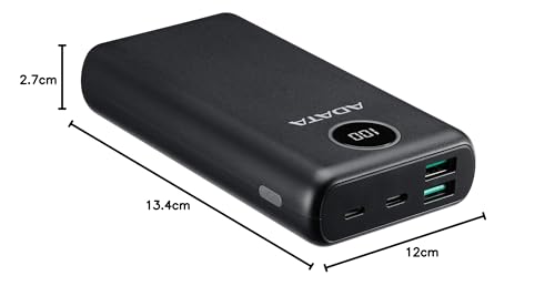 ADATA Powerbank Batería Portátil Recargable P20000QCD Power Bank de 20,000 mAh (74Wh), Color Negro (AP20000QCD-DGT-CBK), Tecnologías de Carga Rápida Qualcomm QC 3.0 / USB PD 3.0