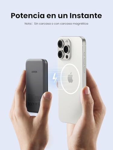 UGREEN 5000mAh Power Bank Inalámbrico 15W, USB C Cargador Portátil Magnético Carga Rápida, Powerbank Batería Externa Compatible con iPhone 16/15/14 Series, Galaxy, Xiaomi, iPad, Negro