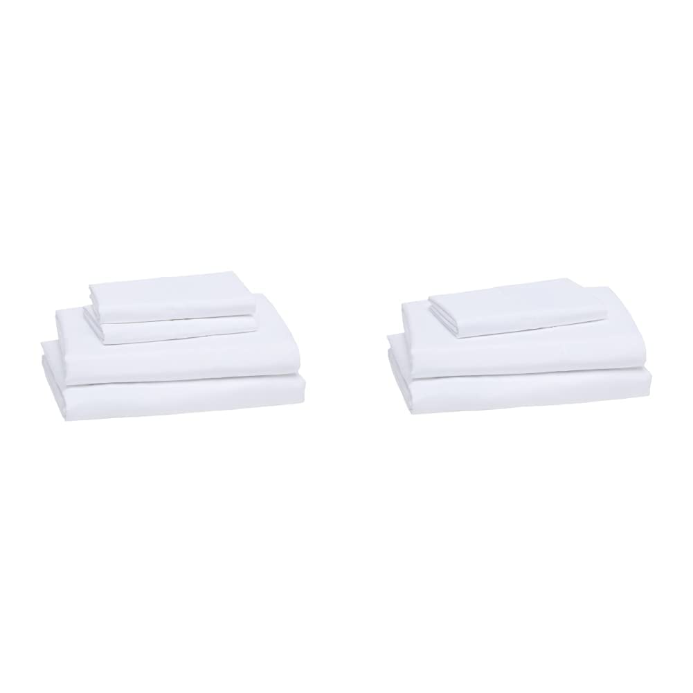 Amazon Basics - Juego de sábanas de microfibra ligera y transpirable de 4 piezas, supersuave de fácil cuidado, bolsillos profundos de 35.5 cm, Queen, blanco brillante, liso