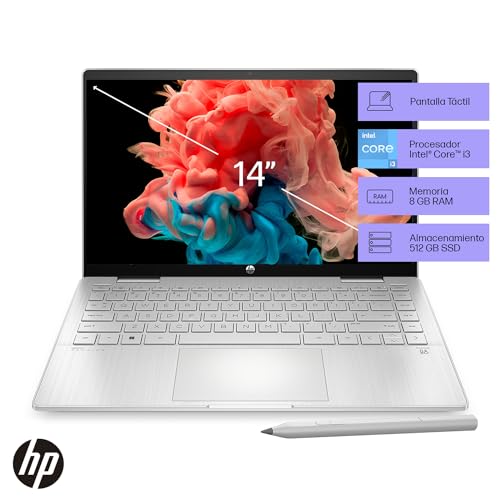 HP Laptop Pavilion x360 14-ek0010la, Intel Core i3, 8 GB RAM, 512 GB SSD, FHD, 14", Táctil, Windows 11 Home, Teclado en Español, Garantía México, Plateado