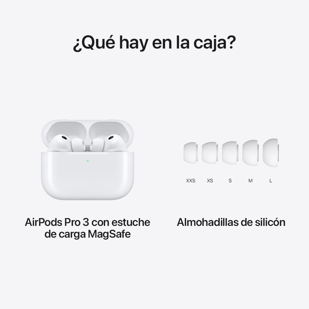 Audífonos inalámbricos AirPods Pro 3 de Apple, Cancelación Activa de Ruido, Traducción en Vivo, Detección de la frecuencia Cardiaca, audífonos Bluetooth, Audio Espacial, Sonido de Alta fidelidad