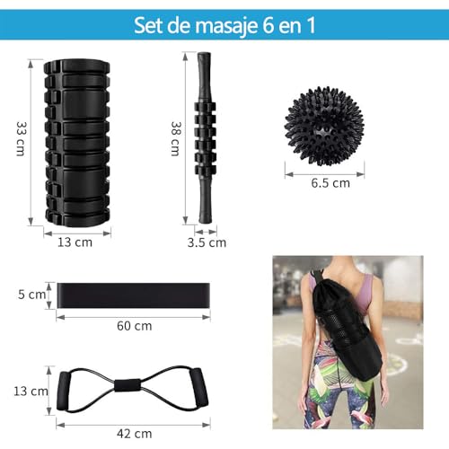 Rodillo de Masaje 6 en 1, Set Profesional para Yoga, Fitness y Recuperación Muscular, Incluye Roller Espalda, Pelota Terapéutica, Banda Elástica y Bolsa Portátil, Alivio Dolor Cuello, Piernas y Articulaciones, Material EVA Antideslizante (Negro)