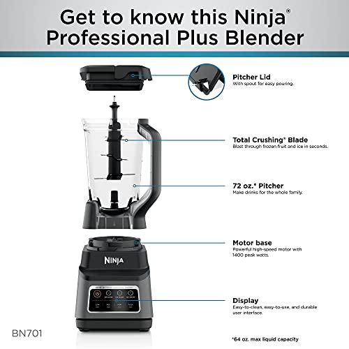 Ninja - Licuadora BN701 Professional Plus, 1400 vatios máximos, 3 funciones para batidos, bebidas congeladas y helados con Auto IQ, jarra y tapa de trituración total de 72 onzas*, gris oscuro