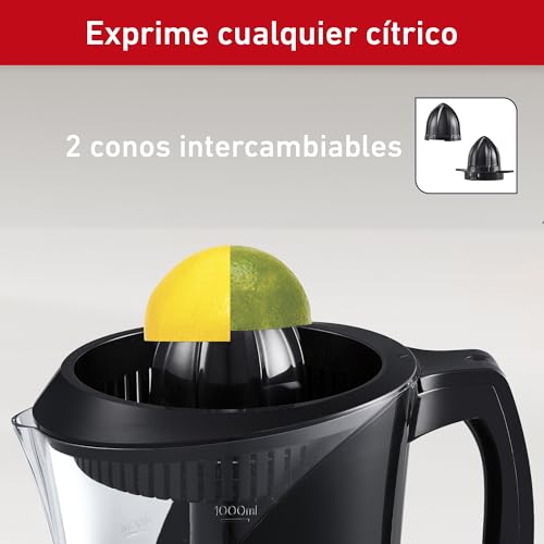 T-fal Exprimidor de Jugo Power Press cuenta con 2 conos removibles y una Jarra de 1 litro con un motor de 40 W de potencia, una gran opción para hacer jugos, Negro e Inoxidable, ZP200855