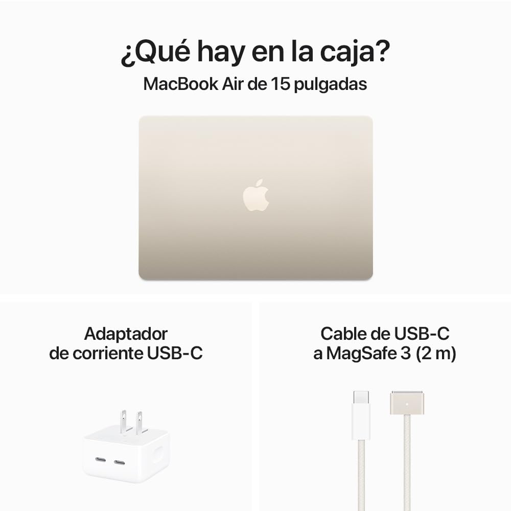 Apple 2024 MacBook Air (de 15 Pulgadas, Chip M3 de Apple con CPU de 8 núcleos y GPU de 10 núcleos, 8GB Memoria unificada, 512 GB) - Blanco Estelar