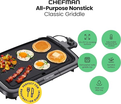 Chefman Plancha eléctrica con control de temperatura extraíble, parrilla ideal para hamburguesas, huevos, plancha para panqueques, superficie de cocción antiadherente fácil de limpiar 10 x 16 pulgadas