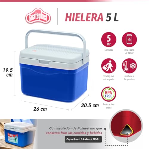 Guateplast - Hielera portátil de 5 litros (5.2 QT) | Capacidad para 6 latas | Cooler | Enfriador Resistente y liviano | Hielo | Color Azul