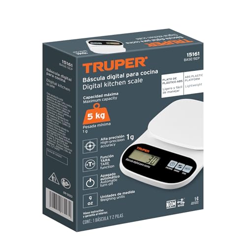 Truper BASE-5EP, Báscula digital base plástica para cocina, capacidad 5kg