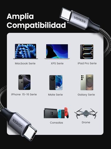 UGREEN Cable USB C a USB C 2 Unidades, 60W PD Carga Rápida 20V 3A, Nylon Trenzado, 1M Cargador USB Tipo C a Tipo C Compatible con iPhone 16 15, Galaxy S25 S24 S23, Macbook Pro 2023, iPad Pro 2024, LG