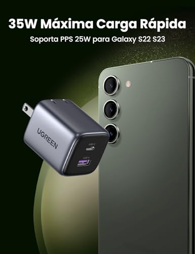 UGREEN Nexode 35W GAN Cargador Tipo C Carga Raida, PD USB C con 2 Puertos, USB C y USB A Compatible con Galaxy S24/S23/S22, iPhone 16 15 14 Pro MAX, MacBook, iPad, Negro