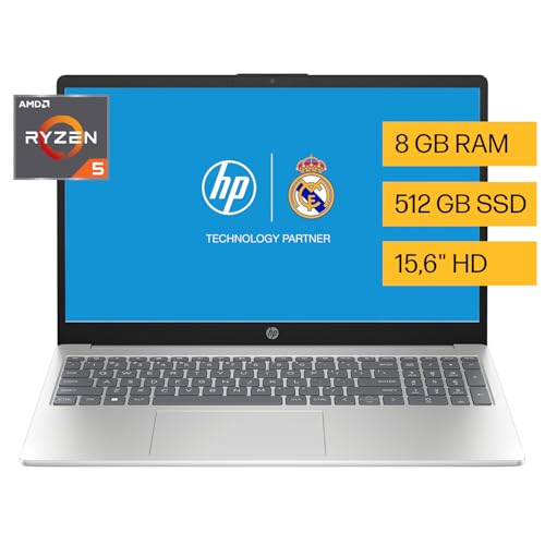 HP Laptop 15-fc0079la, AMD Ryzen 5, 8 GB, 512 GB SSD, 15.6, HD, Windows 11 Home, Teclado en Español, Garantía México, Plateado | Microsoft 365 Personal 12 Meses + Curso Multilenguajes