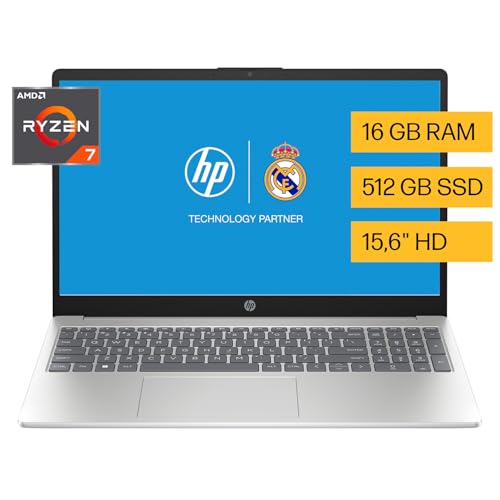 HP Laptop 15-fc0080la, AMD Ryzen 7, 16 GB, 512 GB SSD, 15.6, HD, Windows 11 Home, Teclado en Español, Garantía México, Plateado | Microsoft 365 Personal 12 Meses + Curso Multilenguajes