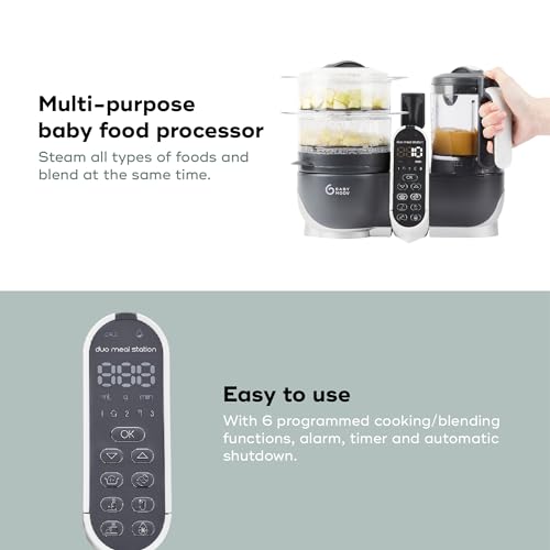 Babymoov Duo Meal 6 en 1: Procesador de Alimentos para Bebés con Vaporizador y Licuadora de Velocidades Múltiples, Calienta y Descongela (Aprobado por Nutricionistas), Gris
