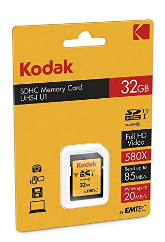 KODAK Tarjeta de Memoria Premium de 32 GB, Velocidad de Lectura de 85 MBs, Velocidad de Escritura de 25 MBs, Compatible con SDHC y SDXC estándar, EKMSD32GHC10K