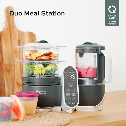 Babymoov Duo Meal 6 en 1: Procesador de Alimentos para Bebés con Vaporizador y Licuadora de Velocidades Múltiples, Calienta y Descongela (Aprobado por Nutricionistas), Gris