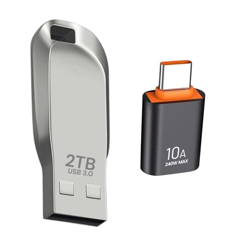 Genérico Kit USB 2TB Alta Velocidad 3.0 con Adaptador Tipo C, Memoria Flash Resistente al Agua, Compatible con Múltiples Dispositivos, (Plateado)