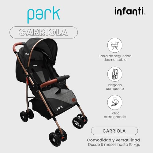 INFANTI | Carriola para Bebe PARK Negro | Carreola con Portabebé - Carriola de Viaje - Carrito para Bebe | Cosas para Bebes 6 Meses hasta 15 kg - Compacta y Plegable | Barra de Seguridad Desmontable