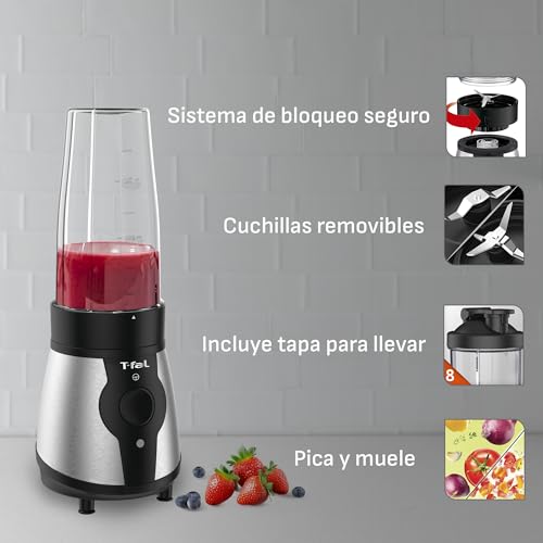 T-fal Mini Procesador de Alimentos/Licuadora Actimix, obtén resultados saludables y nutritivos todo el tiempo por sus múltiples funciones, simplificado a un botón, capacidad de 750 ml BL1BKDMX