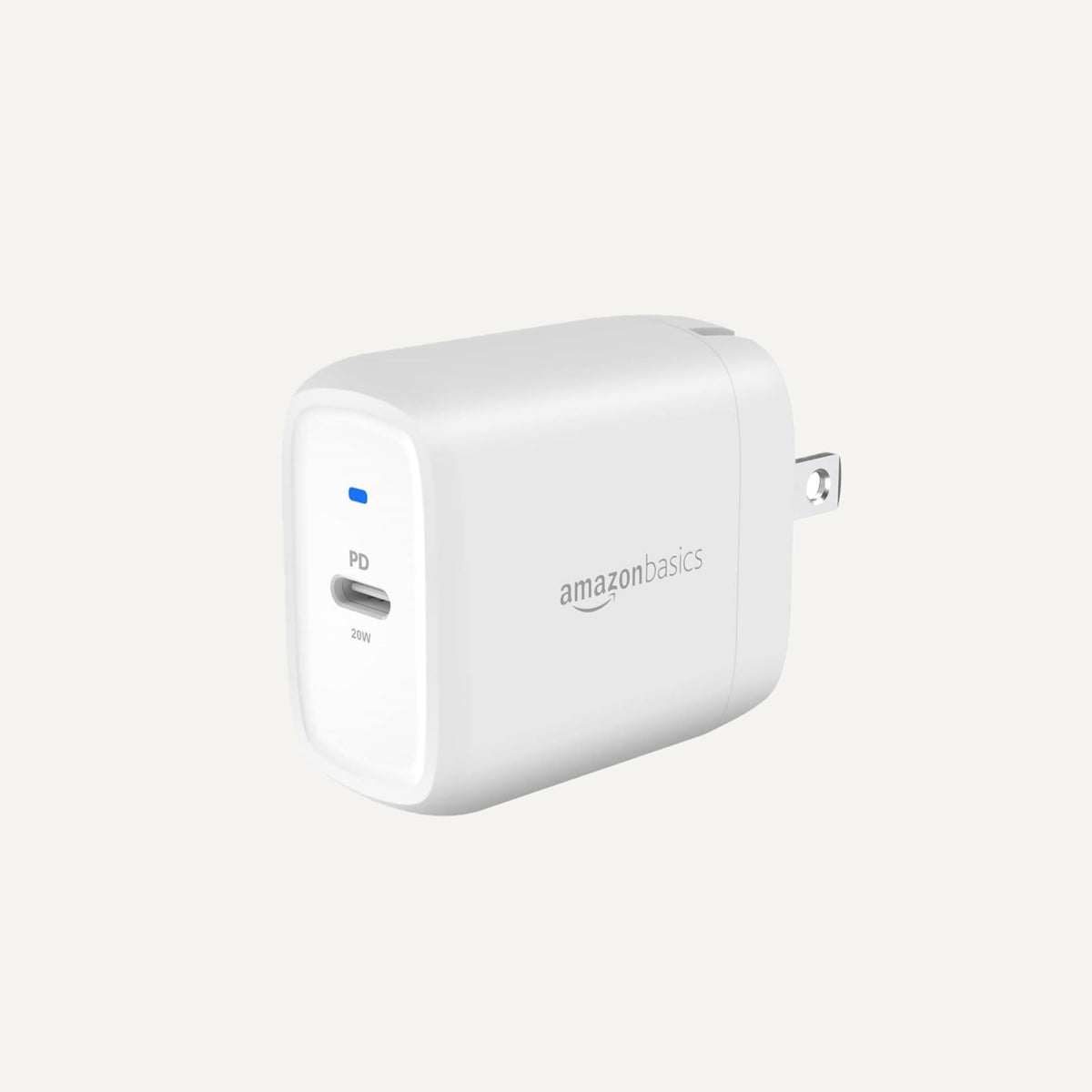 Amazon Basics - Cargador de Pared USB-C de un Puerto de 20 W con PD de Entrega de energía para Tablets y teléfonos, no PPS, 4.6 x 4.4 x 2.8 cm, Blanco