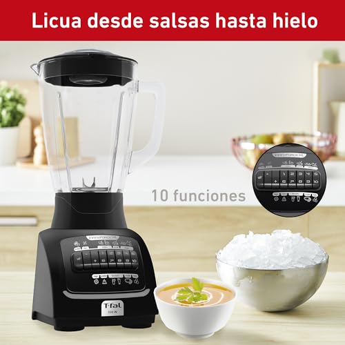 T-fal Licuadora Infinyforce XL 10 velocidades con vaso de vidrio de 2.2 litros, 550 W, con tecnología powelix y acople Carbon Drive, incluye 10 funciones, Negra, LN8208MX