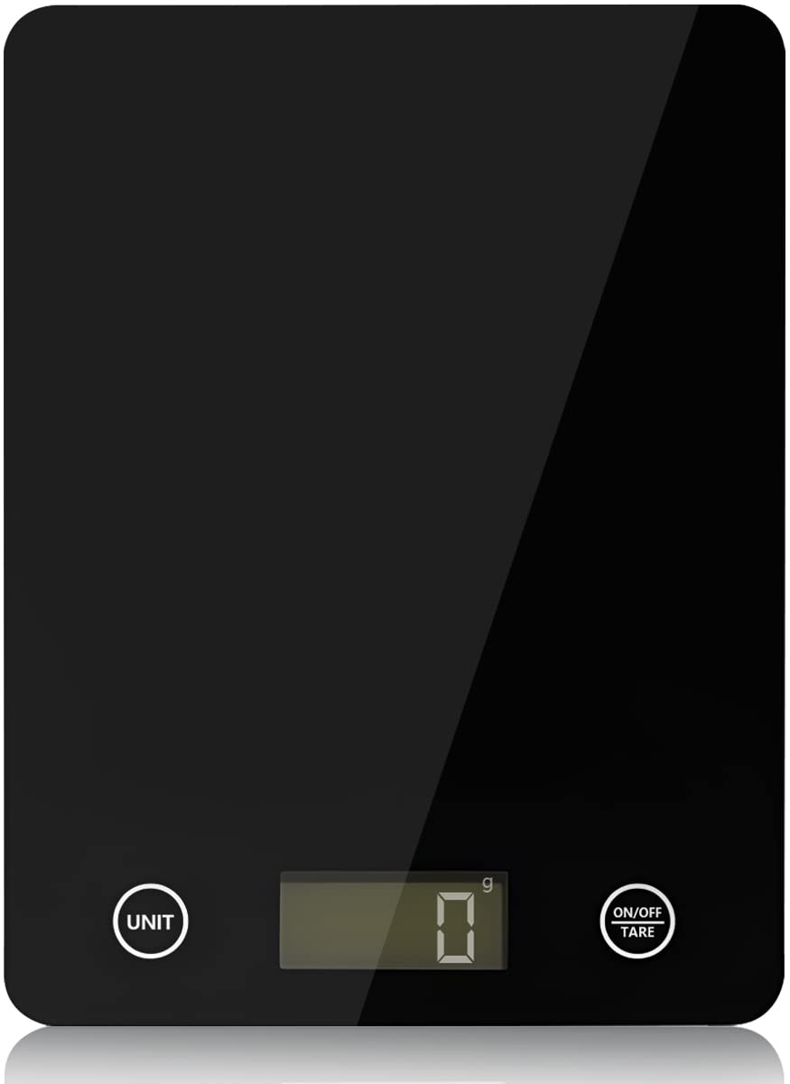 DAQI Báscula Digital de Cocina,Bascula de Comida Alimentos Multifunción 5kg/11lb con Superficie de Vidrio Templado y Pantalla LCD para Peso de Comida, Alta Precisión hasta 1g Balanza Cocina-Negro