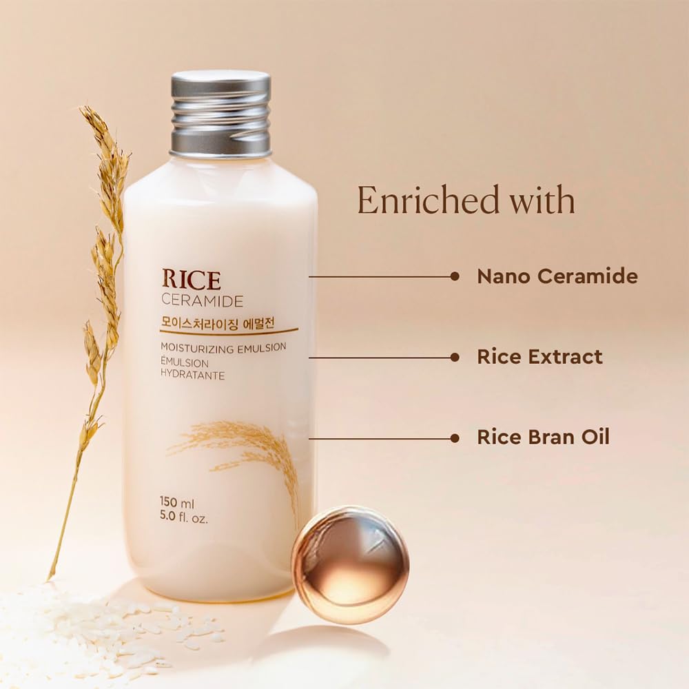 The Face Shop Rice & Ceramide - Emulsión Facial Hidratante de Arroz y Ceramidas, 150 ml - Loción ligera nutritiva para suavizar y proteger la barrera de la piel - Cuidado facial coreano