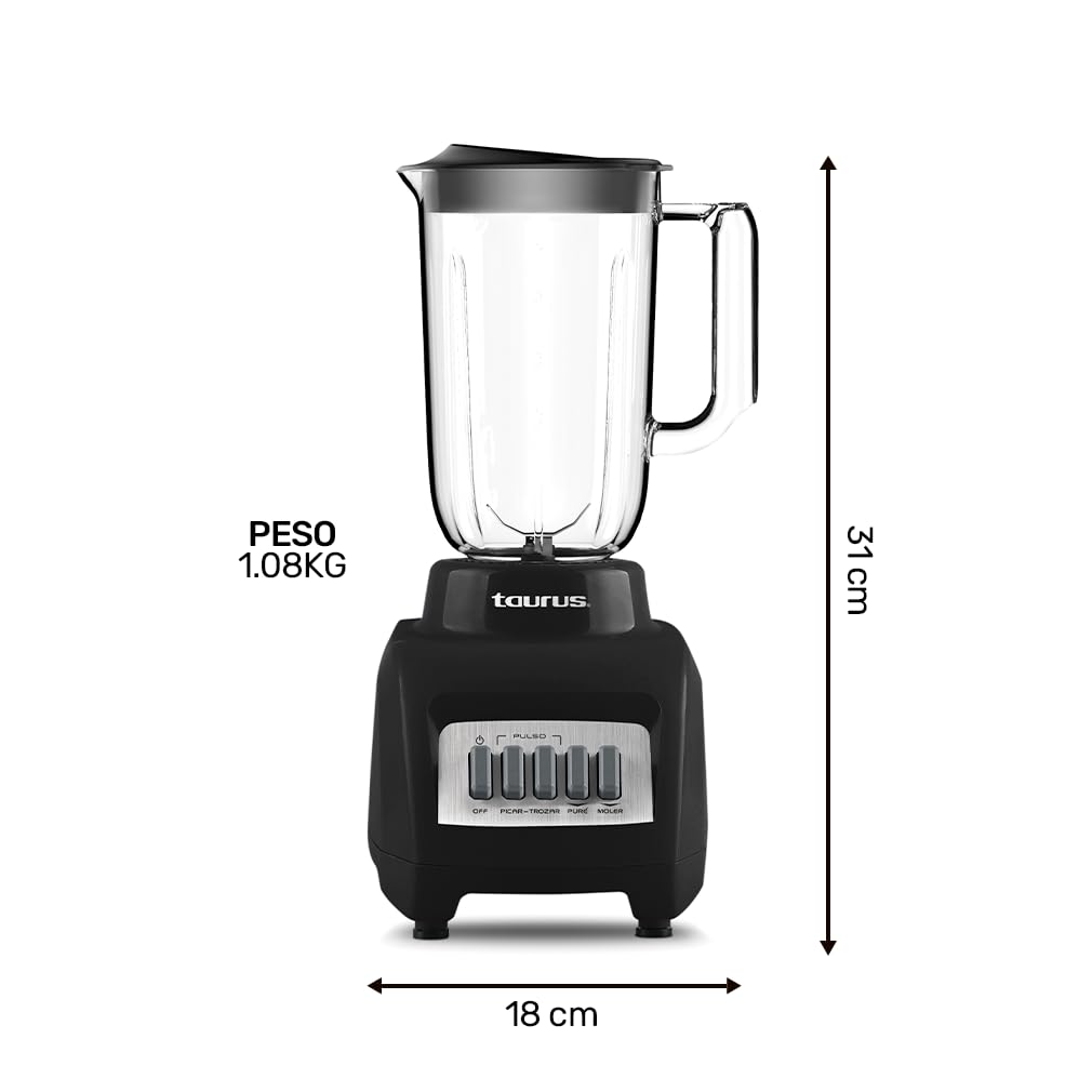 TAURUS HALEY | Licuadora con Vaso de Plástico de 1.5 Litros | 500 Watts | 4 Velocidades | Acople Easy Fit con Cuchillas Desmontables de Acero Inoxidable | Cierre de Segurad