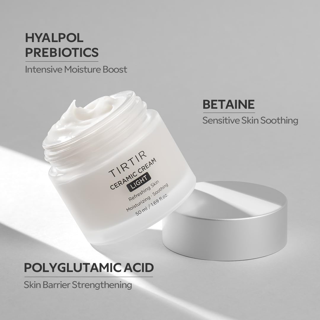 TIRTIR Ceramic Cream Light Refreshing Skin 50 ml - Crema Hidratante Facial Coreana ligera con Acido poliglutámico, betaina y prebióticos - Crema Facial para piel grasa o mixta - Skincare Coreano sin fragancia