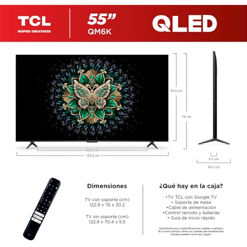 TCL Smart TV Pantalla 55" 55QM6K Google TV QLED - MiniLED 4K Google Assistant | Hands Free Voice Control | Alexa | VisionHDR10+| AiPQ™ | Micro Dimming | NITS1500 | Panel 240 Hz | Dolby Atmos Virtual X