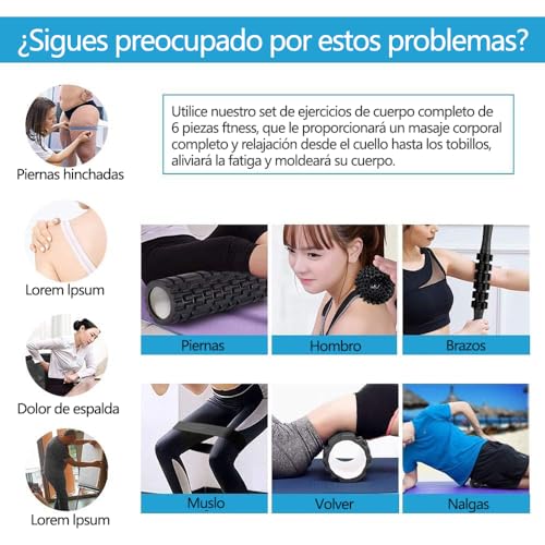 Rodillo de Masaje 6 en 1, Set Profesional para Yoga, Fitness y Recuperación Muscular, Incluye Roller Espalda, Pelota Terapéutica, Banda Elástica y Bolsa Portátil, Alivio Dolor Cuello, Piernas y Articulaciones, Material EVA Antideslizante (Negro)