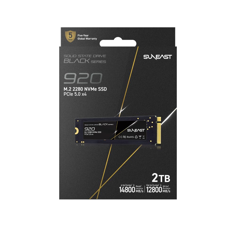 SUNEAST Black Series SSD, 2TB, PCIe 5.0x4 M.2 2280 NVMe, Lectura: 14,800 MB/s, Escritura: 12,800MB/s, para Computación de Alto Rendimiento, Gaming y Estaciones de Trabajo para IA