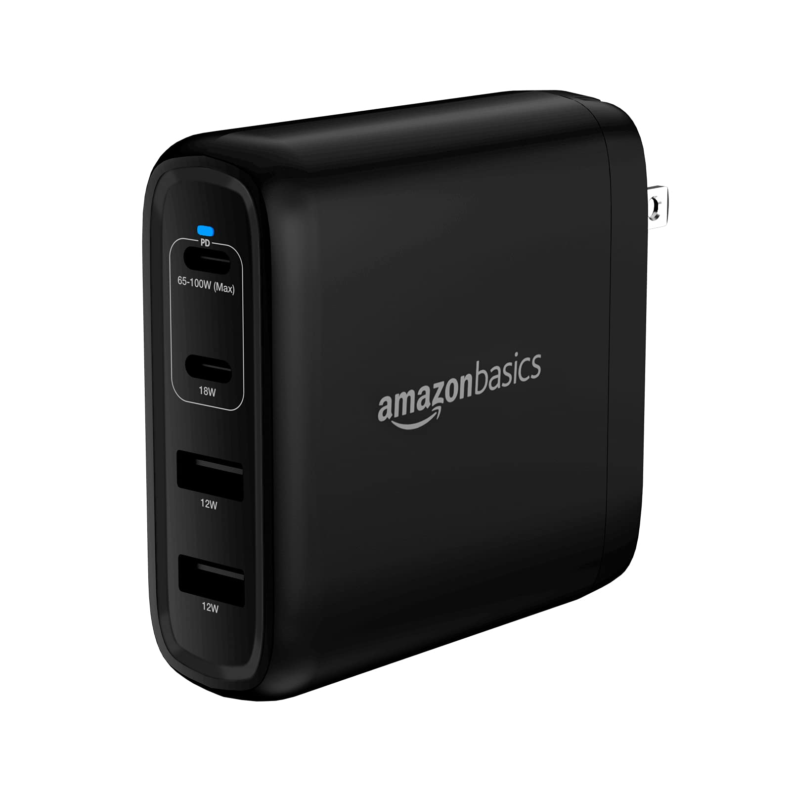 "Amazon Basics 100W Four-Port GaN Wall Charger with 2 USB-C (100W, 18W) & 2 USB-A Ports (12W), PD 3.0, Foldable Plug, Portable Multi-Device Charging for Laptops, Tablets & Phones, Non-PPS,Black"