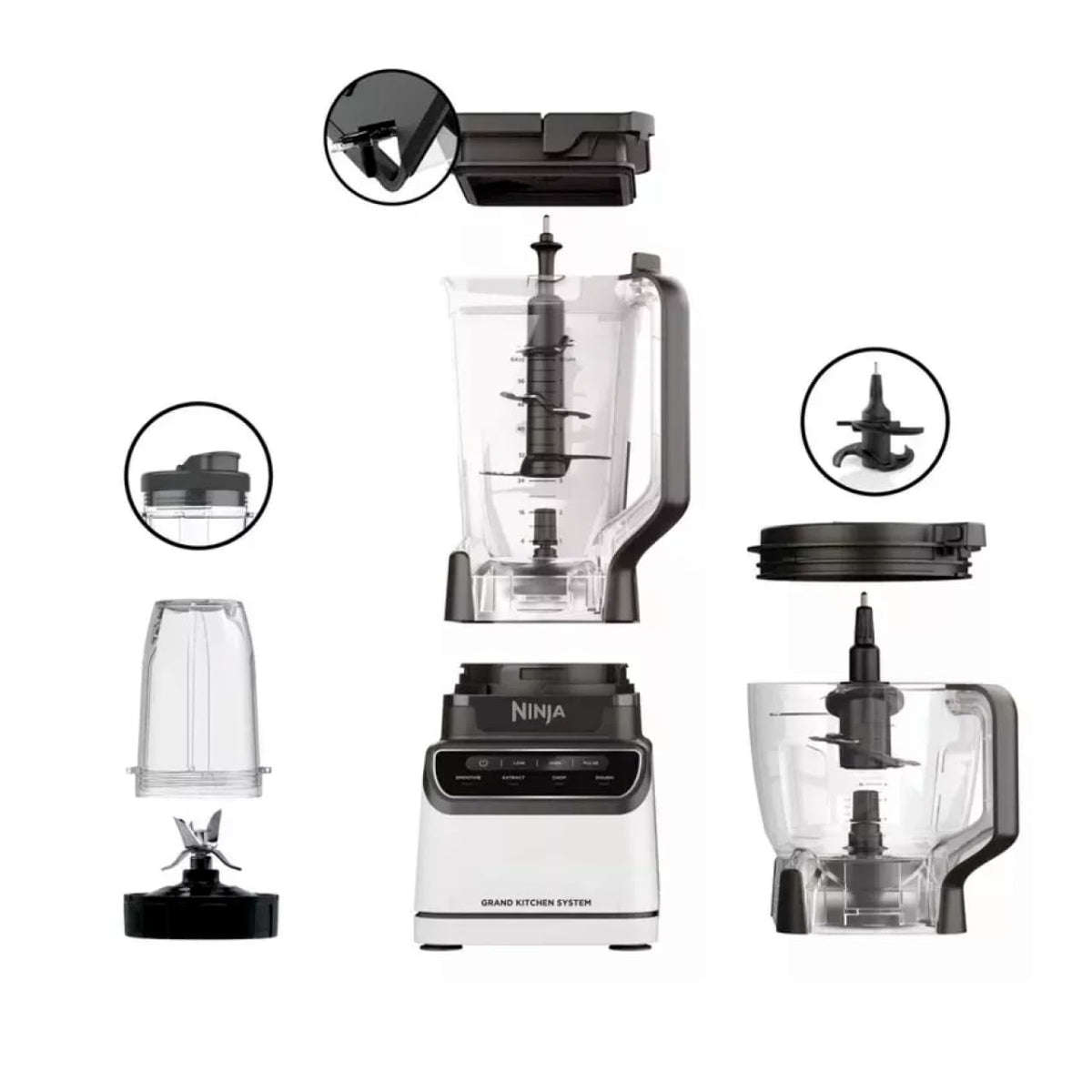 Licuadora Ninja Grand Kitchen System de 1,200 Watts, Licuadora con 4 programas Auto-iQ 72onz con Boquilla de Vertido, Tazón Procesador de Alimentos, Cuchillas Intercambiables. Blanco KS500WM-NEGRO
