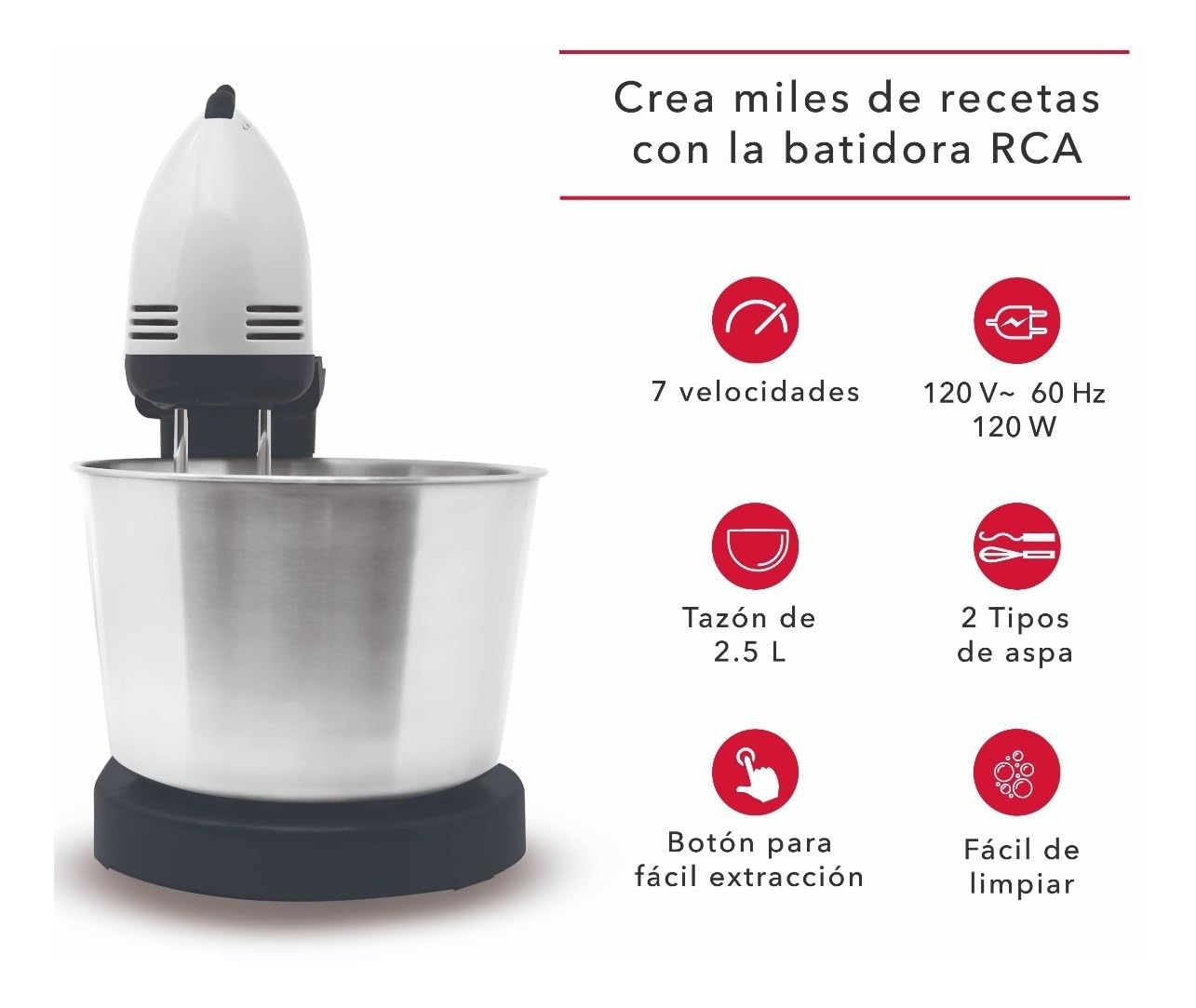 RCA Batidora de Pedestal RC-67SS de 120W con 6 Velocidades Ajustables, Tazón de 4L de Acero Inoxidable, Accesorios para Amasar, Batir y Mezclar, Diseño Elegante en Negro y Acero Inoxidable
