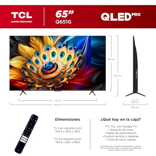 TCL Smart TV Pantalla 65" Google TV QLED 4K HDR 10 250 NITS 60 Hz Dolby Audio Digital Compatible con Alexa Negro, Mod. 65Q651G