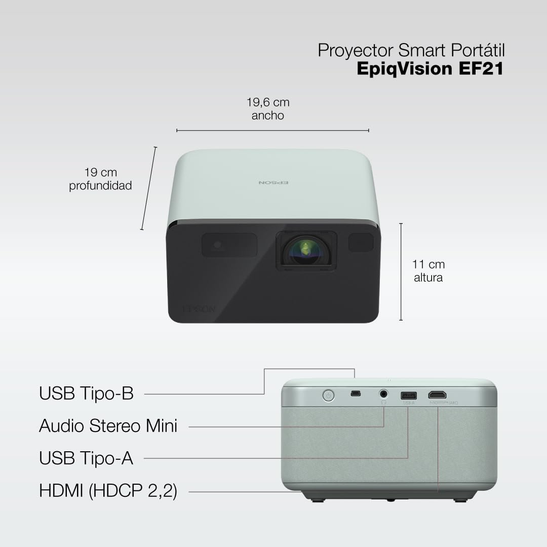 Epson EpiqVision Mini EF21 Proyector láser Inteligente portátil, 1000 lúmenes, FHD 1080p HDR, 3 Chips 3LCD, Google TV, Netflix, Altavoces estéreo, Cine en casa, Color Verde