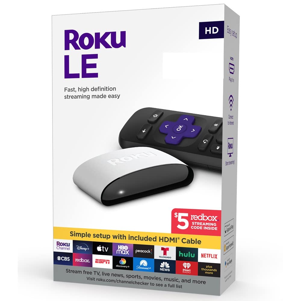 Roku LE HD Reproductor multimedia con cable HDMI de alta velocidad y control remoto simple, color varía.
