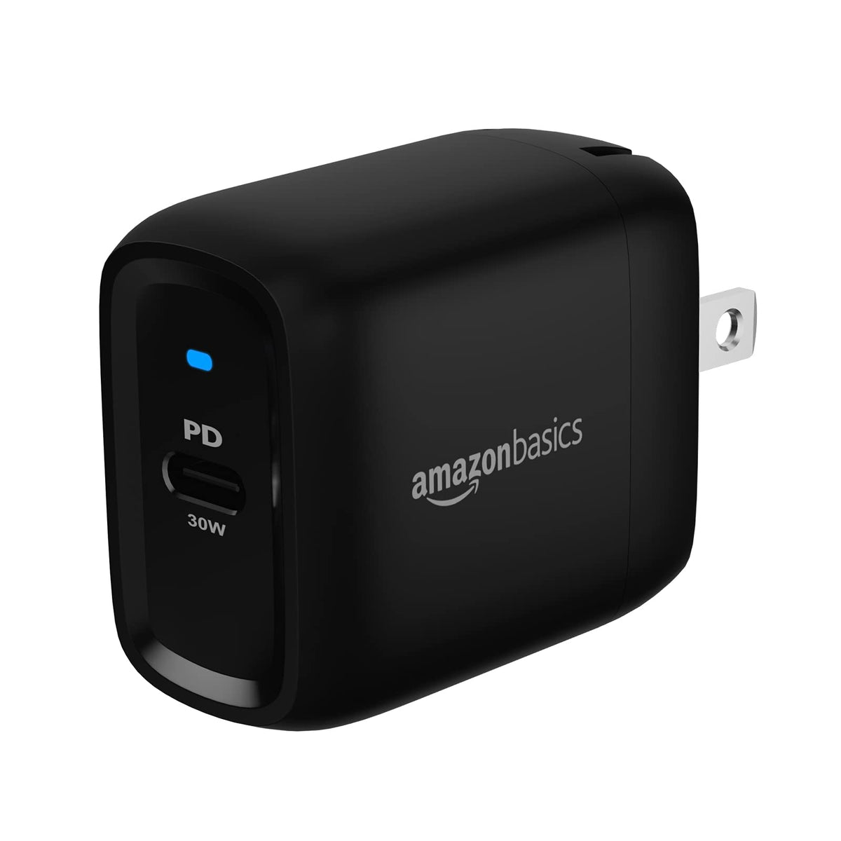 Amazon Basics Cargador de Pared GAN USB-C de 30 W con PD para Tablets y teléfonos (iPhone 16/15/14/13/12/11/X, iPad, Samsung, y más), sin PPS, Negro