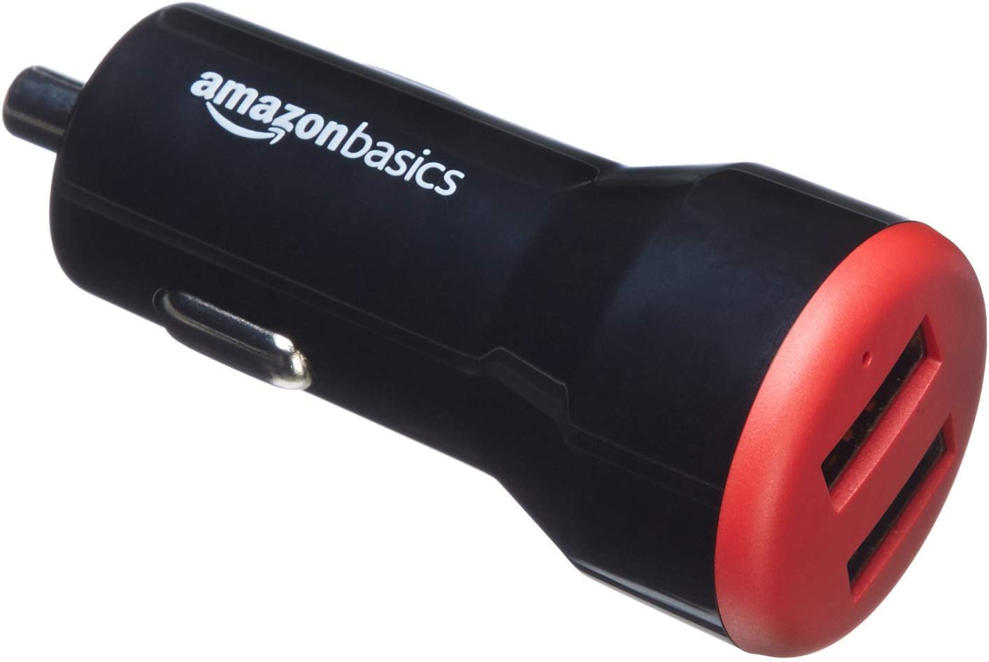 Amazon Basics - Adaptador de cargador de coche USB de doble puerto para dispositivos Apple y Android, 4.8 amperios, 24 W, negro y rojo
