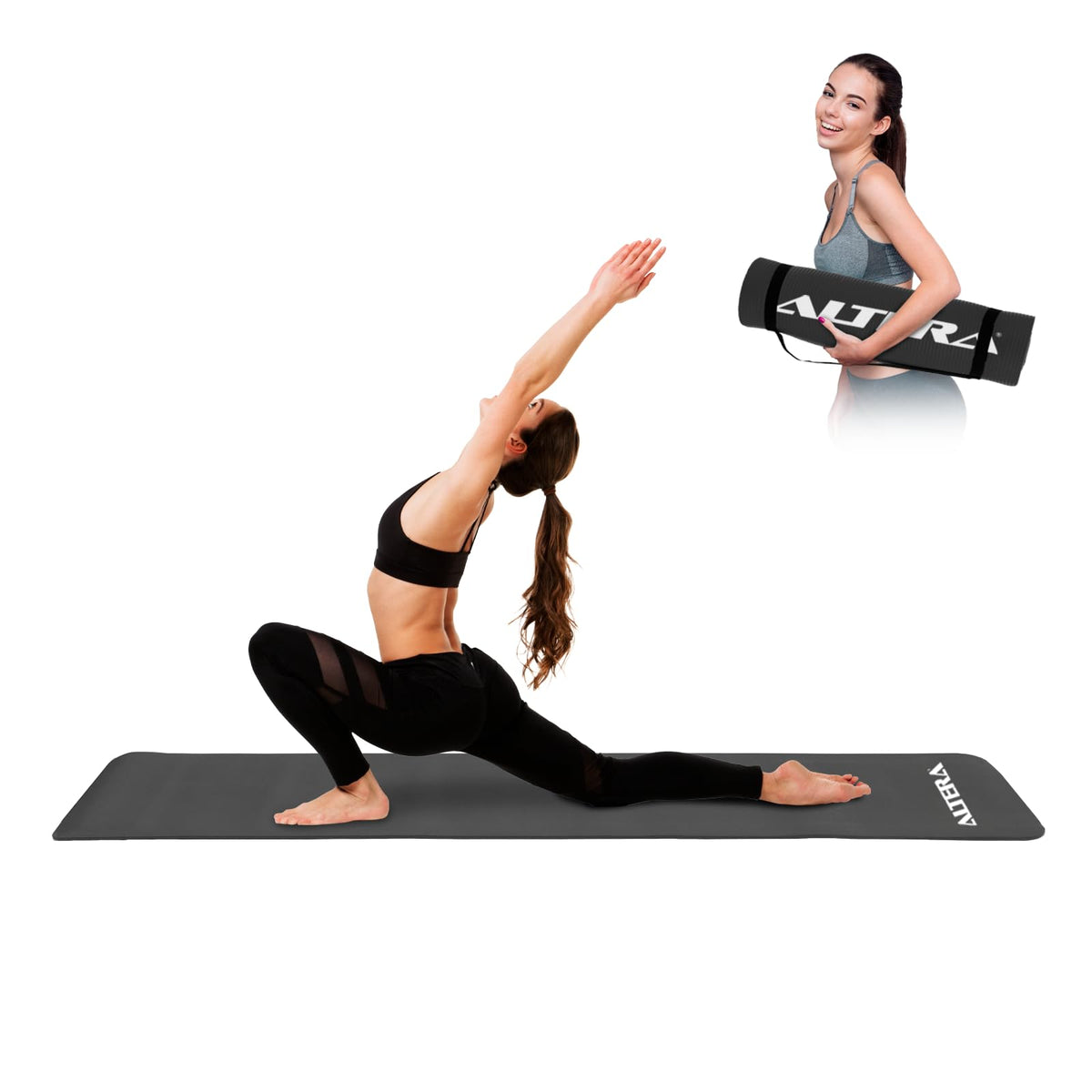 Altera - Tapete para Ejercicio Yoga Pilates Rehabilitacion Gym Espesor 10 mm (Negro Medianoche Antiderrapante - Práctico, Fácil de Almacenar, Ejercicios de Equilibrio y Estiramiento