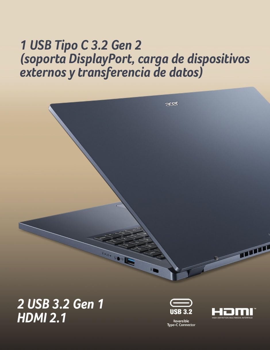 Acer Laptop Ryzen5 Aspire 3 Pantalla Touch | AMD R5-7520U, 4 Núcleos | 8GB RAM | 512GB SSD | Panel Touch 15.6'' FHD | AMD Radeon Graphics