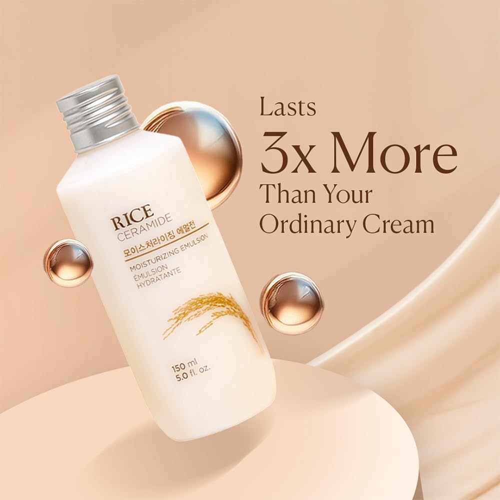 The Face Shop Rice & Ceramide - Emulsión Facial Hidratante de Arroz y Ceramidas, 150 ml - Loción ligera nutritiva para suavizar y proteger la barrera de la piel - Cuidado facial coreano