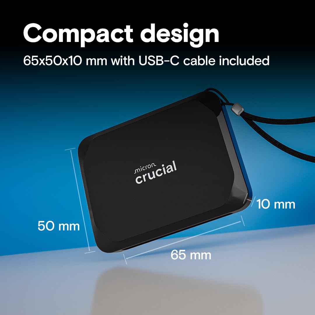 Crucial X9 SSD portátil de 1 TB, hasta 1050 MB/s, USB 3.2 USB-C, Unidad Externa de Estado sólido, Compatible con Windows, Mac y Android, Almacenamiento confiable para Juegos, Archivos y copias de