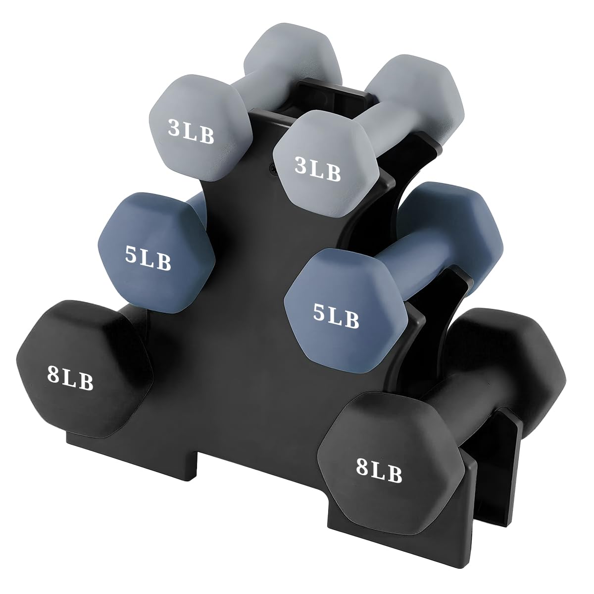 Raganet, Set de Mancuernas de 6 Piezas con Base, Pesos de 8, 5 y 3 Libras, Color Gris Elegante, Ideal para Entrenamiento en Casa y Gimnasio