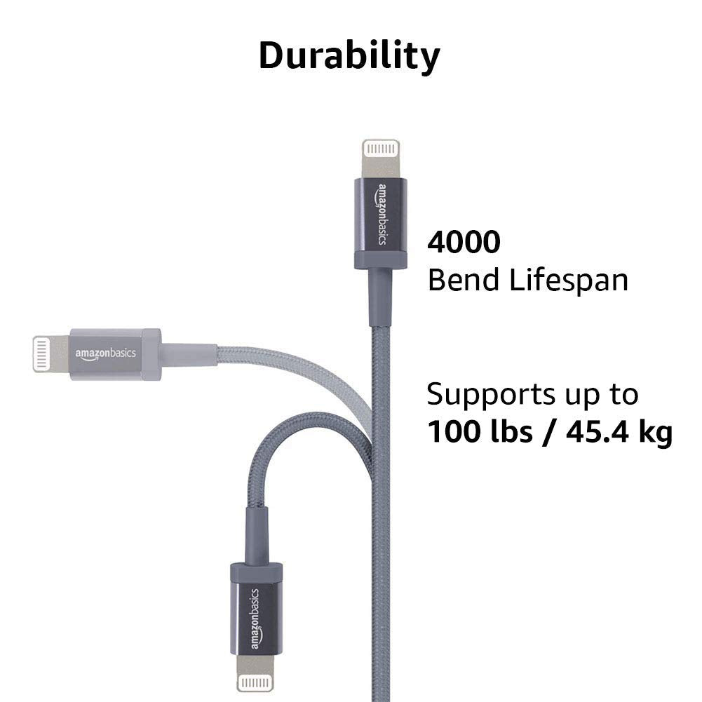 Amazon Basics - Cable de nailon trenzado USB-C a Lightning, cargador certificado MFi para iPhone 14 13 12 11 X Xs Pro, Pro Max, Plus, iPad, gris oscuro, 6 pies
