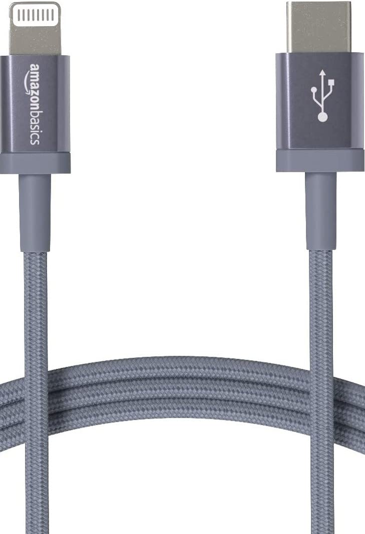 Amazon Basics - Cable de nailon trenzado USB-C a Lightning, cargador certificado MFi para iPhone 14 13 12 11 X Xs Pro, Pro Max, Plus, iPad, gris oscuro, 6 pies