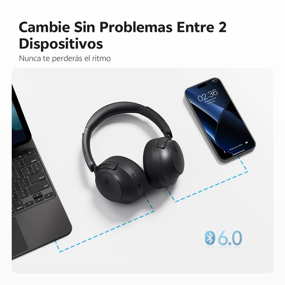 QCY H3S Audifonos Inalambricos Diadema, 102H Reproducción, Carga Rápida, Cancelación Activa de Ruido Híbrida, Sonido Hi-Res, Múltiples Modos, Ajuste Cómodo, Bluetooth 6.0