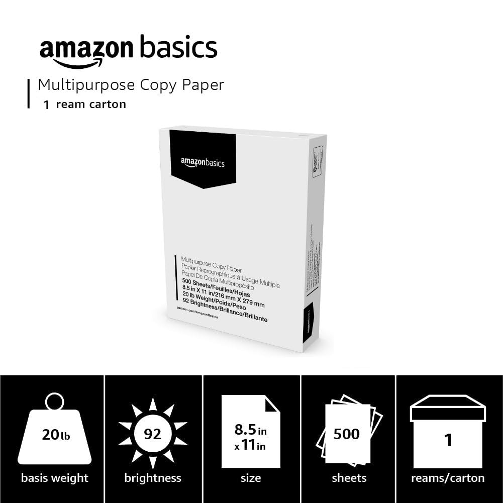 Amazon Basics Papel Multiusos Para Impresora Fotocopiadora, 21.6 x 27.9cm, 9.07kg, 1 Resma (500 Hojas), Brillo 92, Blanco