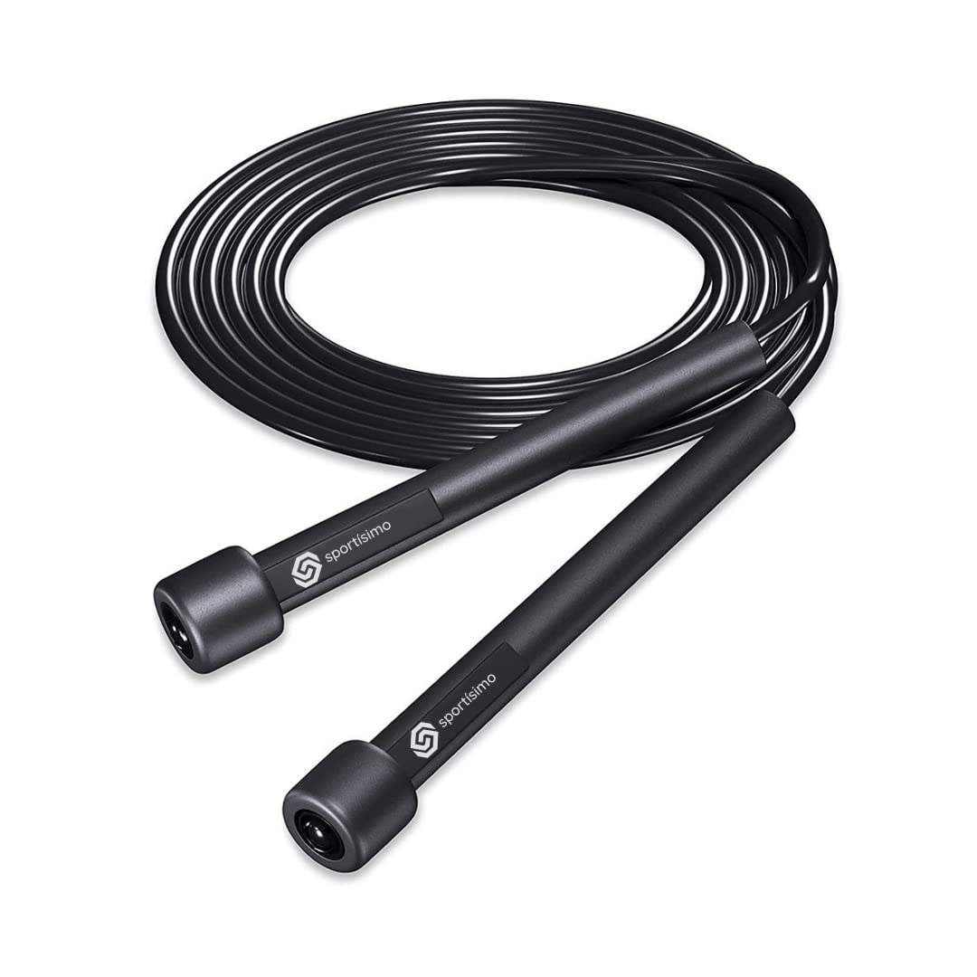 Cuerda para Saltar Sportisimo Negra , 3 metros ajustable y Con Manijas Cómodas, Calidad Premium , Mejor Cuerda Ligera Para Mantenerse en Forma, Pérdida de Peso, Ejercicios Cardiovasculares, Ejercicios Gym Crossfit Criss Cross Negra